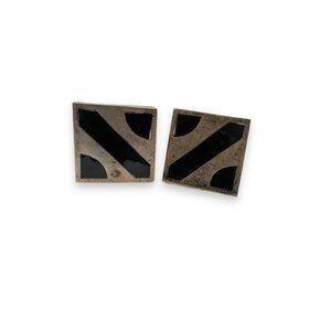 Vintage Mexican Sterling Silver Onyx Inlay Square Cufflinks Alpaca Toggle